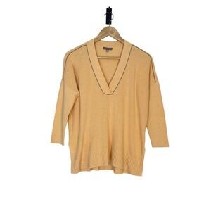 Lilla P Buttery Yellow Lightweight V Neck Waffle Knit Sweater Top, Casual Med